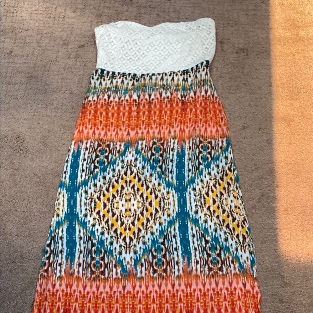 Maurices Boho Orange, Blue, and White Medium Strapless Maxi Dress